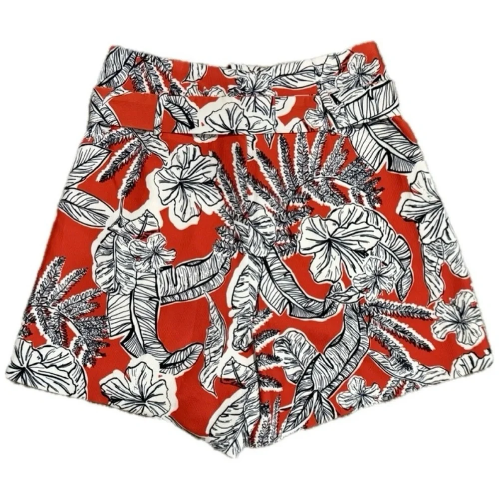 LUCY PARIS Orange/White/Black Tropical Print Belt Waist Shorts {Small}